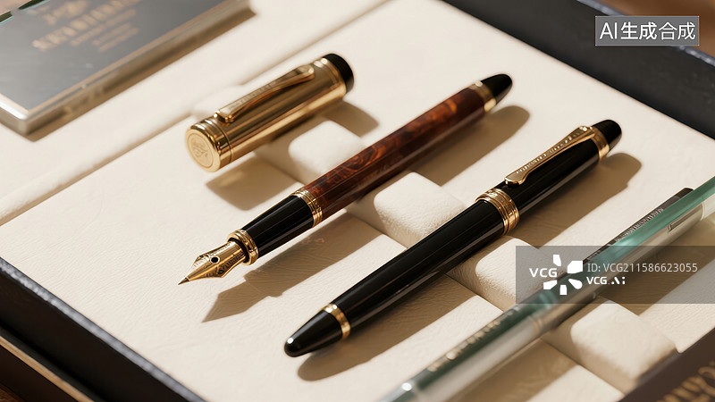 【AI数字艺术】精致钢笔与滚珠笔展示图片素材