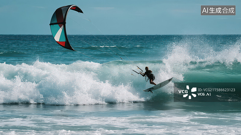 【AI数字艺术】风筝冲浪者在海浪中翱翔图片素材