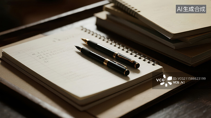 【AI数字艺术】笔记本与钢笔静置桌面图片素材
