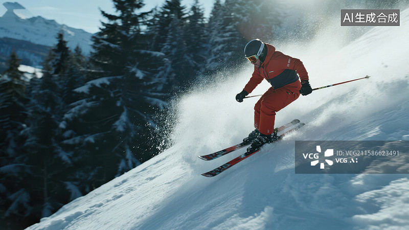 【AI数字艺术】滑雪者在雪坡上疾驰图片素材