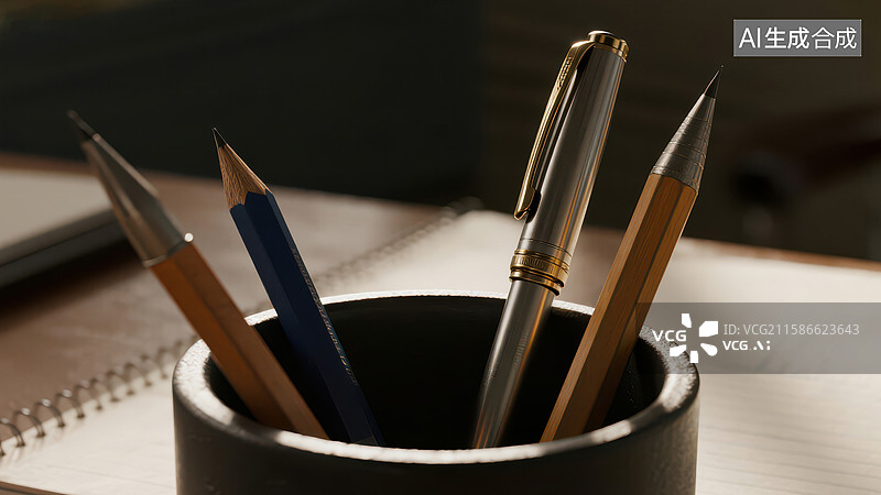 【AI数字艺术】笔筒中的钢笔与铅笔图片素材