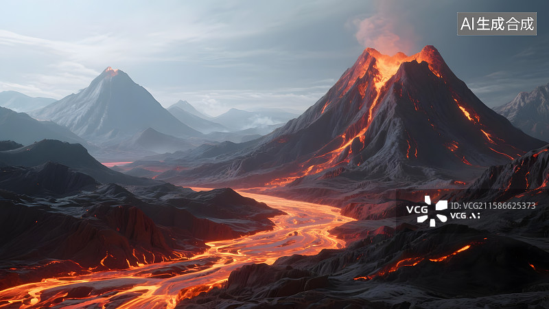【AI数字艺术】熔岩奔涌的火山奇观地形山脉3d渲染背景图片素材