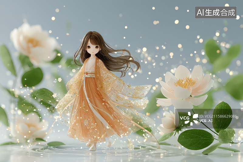 【AI数字艺术】古风女子花丛漫步花瓣飘落图片素材