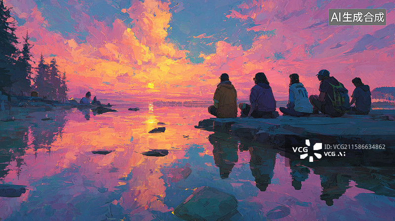 【AI数字艺术】湖畔日落，众人静观图片素材