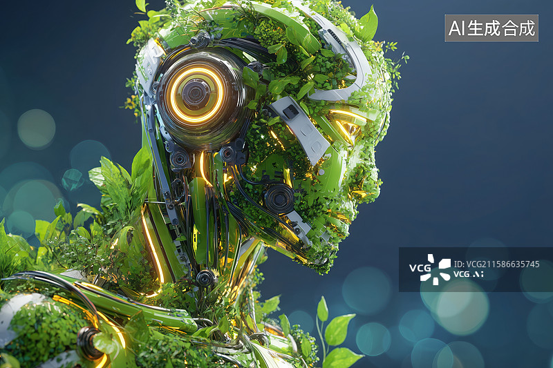 【AI数字艺术】长满绿色植物的人形AI人工智能机器人3D卡通立体插画图片素材