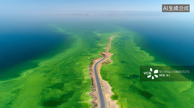 【AI数字艺术】水体中道路与绿色藻类鸟瞰图片素材