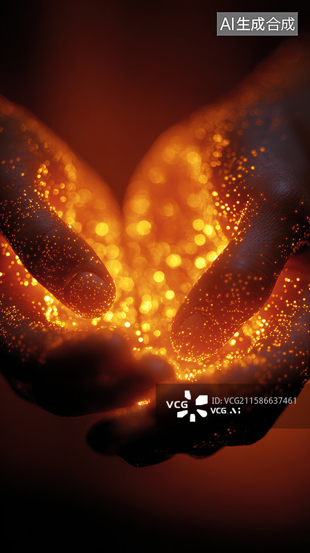 【AI数字艺术】双手捧着闪烁的金色光芒图片素材