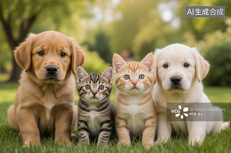 【AI数字艺术】可爱小狗和小猫的户外合影图片素材