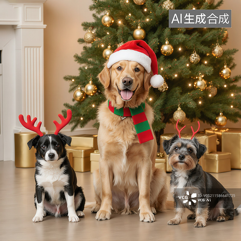 【AI数字艺术】三只狗狗圣诞装扮前合影图片素材