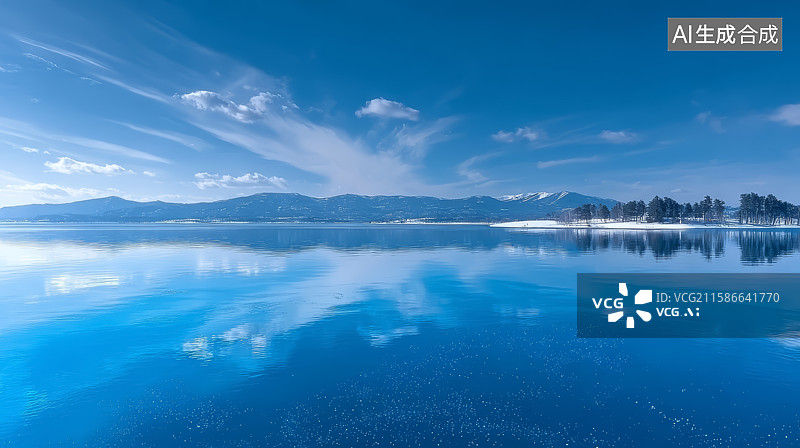 【AI数字艺术】清澈湖水映山峦蓝天图片素材