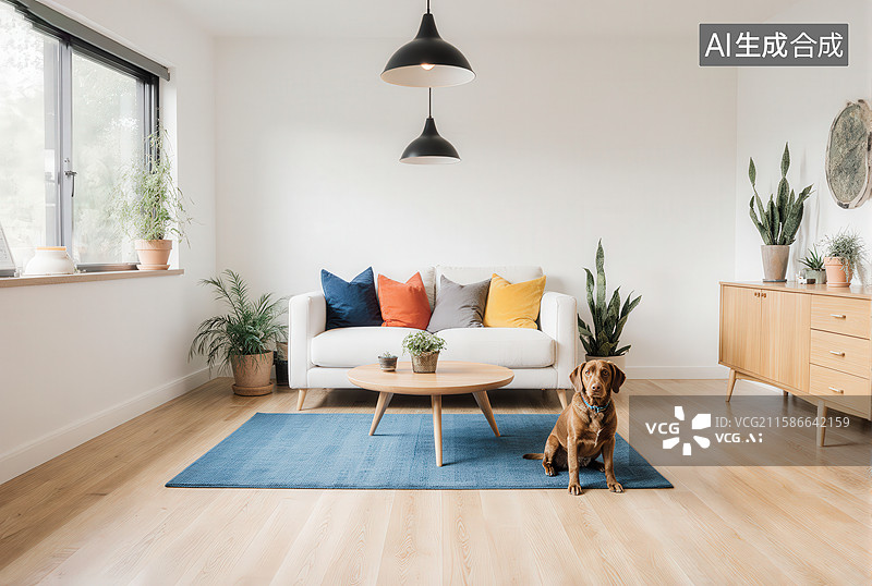 【AI数字艺术】温馨客厅，沙发与宠物狗相伴图片素材