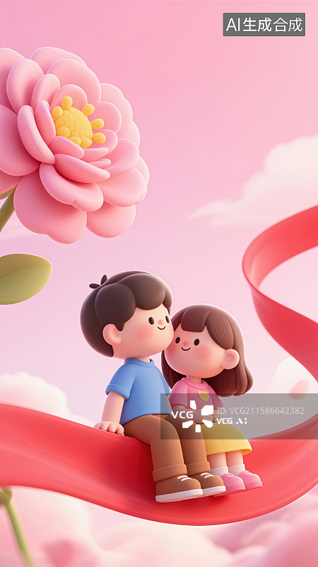 【AI数字艺术】3D三维七夕牛郎织女情侣相会坐在红色丝带云朵鲜花环绕可爱卡通图片素材