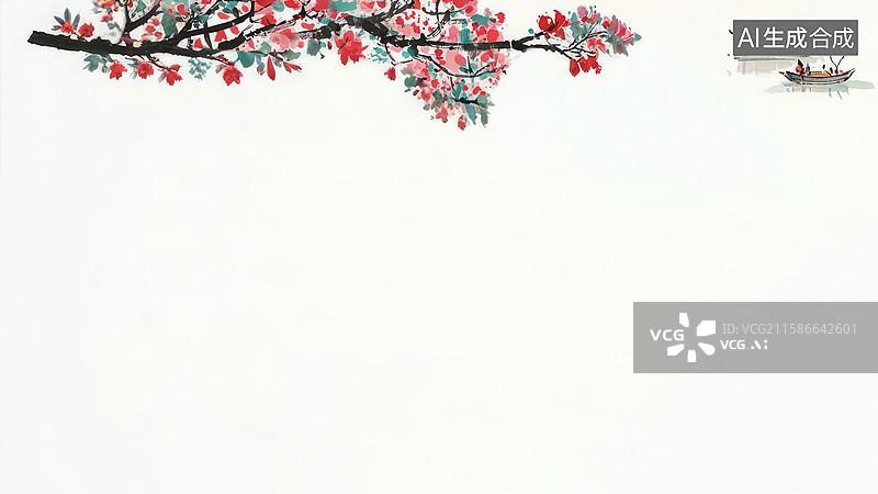 【AI数字艺术】水墨画居上-水墨画背景壁纸1枝头繁花与远处小舟的静谧画面图片素材