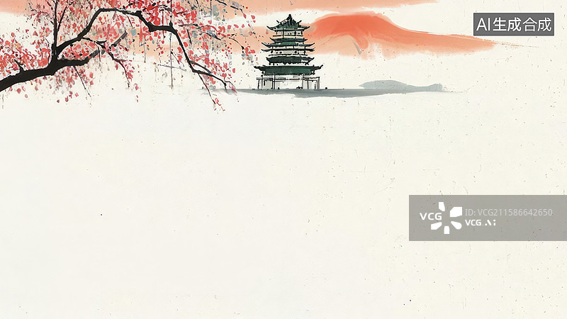 【AI数字艺术】水墨画居上-水墨画背景壁纸1古塔与樱花枝的水墨画图片素材