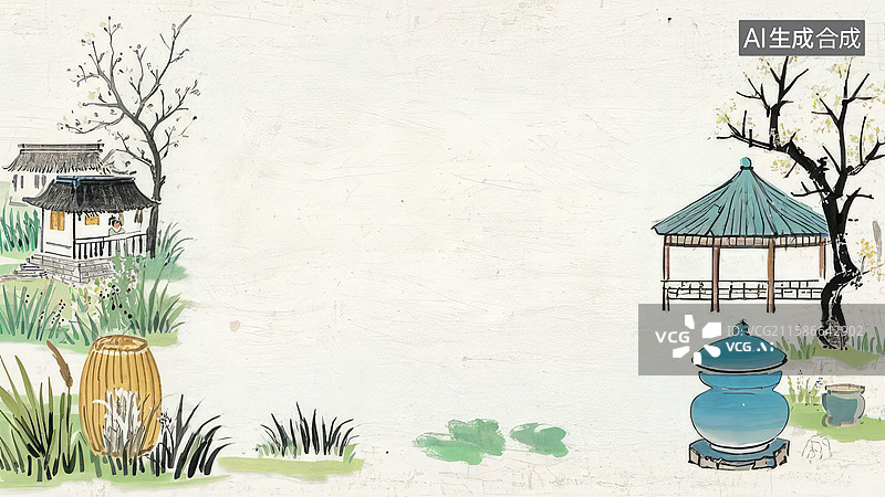 【AI数字艺术】水墨画两侧-水墨画背景壁纸3乡村庭院，亭台楼阁与自然景观图片素材
