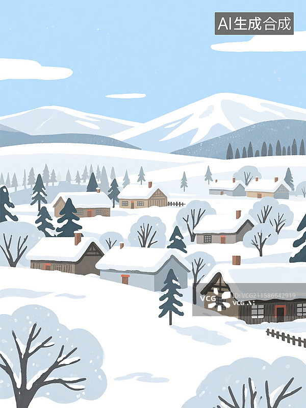 【AI数字艺术】东北农村白天雪景插画图片素材