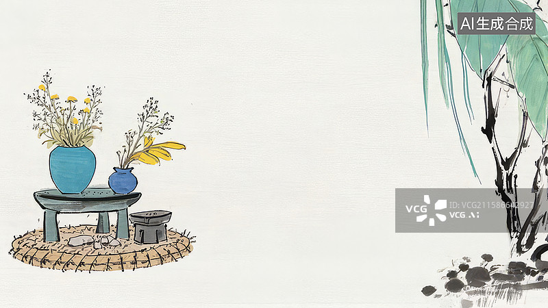 【AI数字艺术】水墨画两侧-水墨画背景壁纸3花瓶与柳枝的静谧布置图片素材