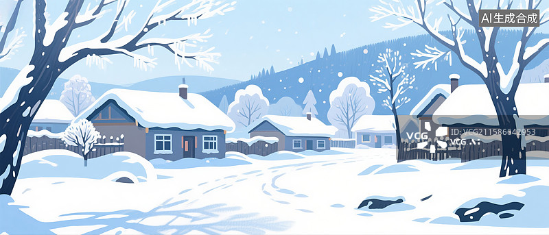 【AI数字艺术】东北农村白天雪景插画图片素材