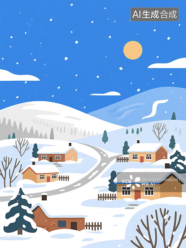 【AI数字艺术】东北农村白天雪景插画图片素材