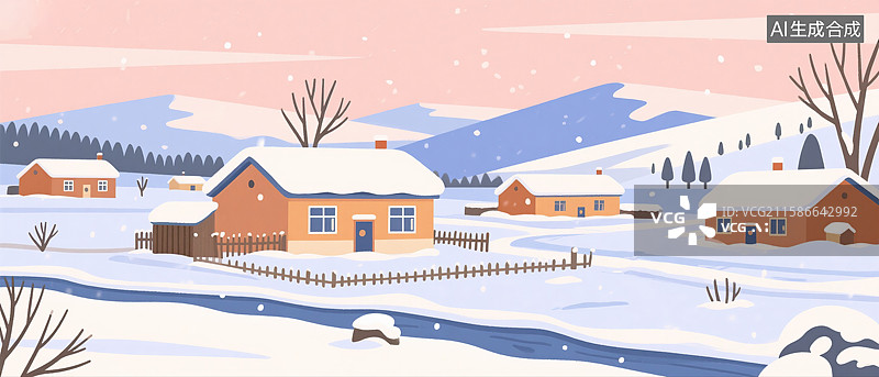 【AI数字艺术】东北农村白天雪景插画图片素材