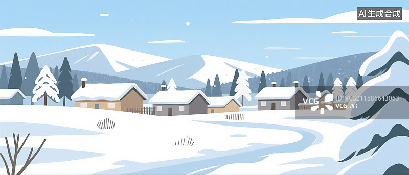 【AI数字艺术】东北农村白天雪景插画图片素材