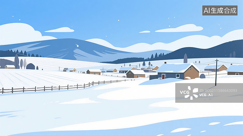 【AI数字艺术】东北农村白天雪景插画图片素材