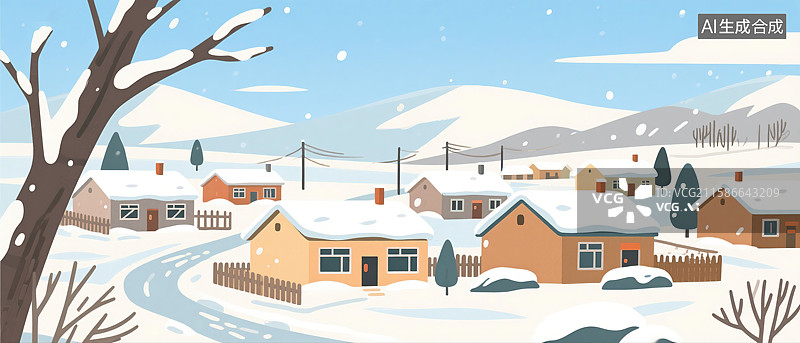 【AI数字艺术】东北农村白天雪景插画图片素材