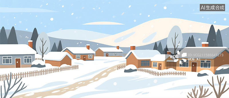 【AI数字艺术】东北农村白天雪景插画图片素材