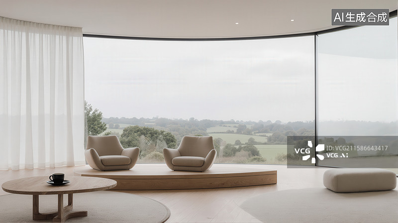 【AI数字艺术】现代客厅全景落地窗设计图片素材