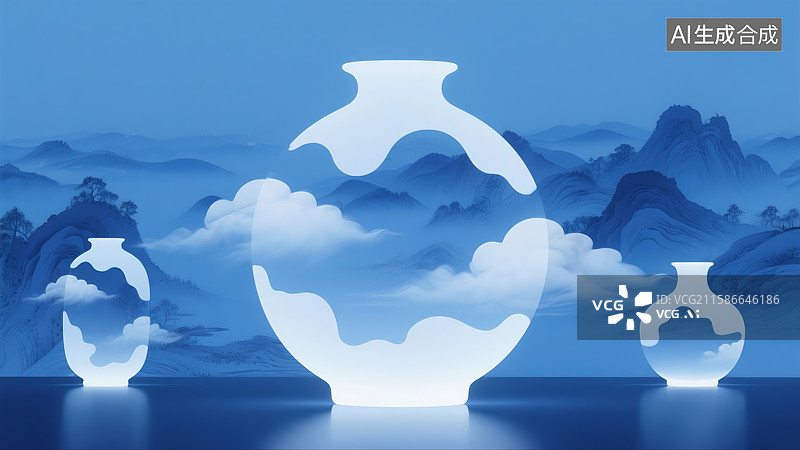【AI数字艺术】创意花瓶山川河流云雾树木风景意境三维图图片素材