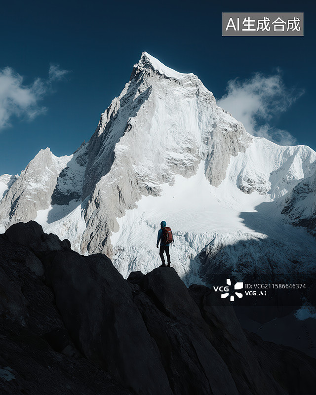 【AI数字艺术】登山者仰望巍峨雪山图片素材