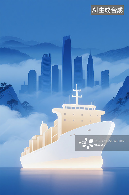 【AI数字艺术】金色轮船云雾山川树木高楼风景三维图图片素材