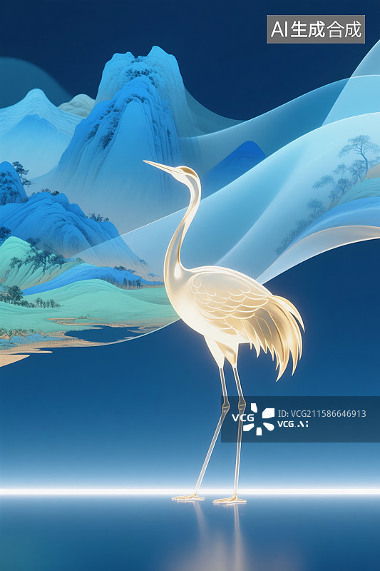 【AI数字艺术】蓝色山川河流树木鹤意境中国风三维图图片素材