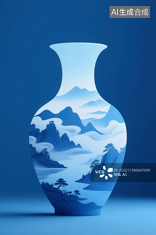 【AI数字艺术】青花瓷瓶山川树木云雾河流风景意境三维图图片素材