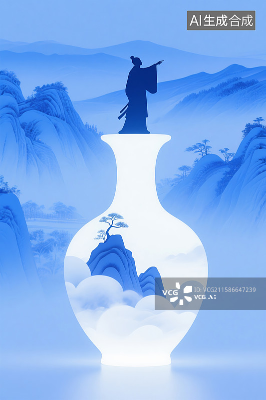【AI数字艺术】古人站在青花瓷花瓶上山川树木云雾风景意境三维图图片素材