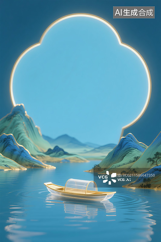 【AI数字艺术】水面上小船山川河流树木风景意境三维图图片素材