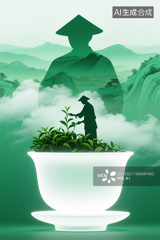 【AI数字艺术】茶杯茶农采茶剪影山川云雾意境茶文化三维图图片素材