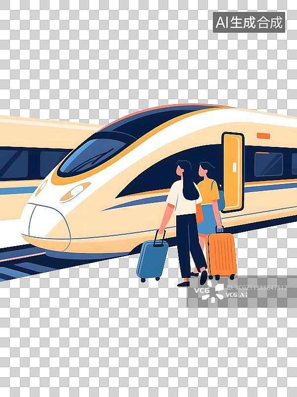【AI数字艺术】五一国庆出行旅游两个人情侣乘坐高铁扁平插画免抠元素图片素材