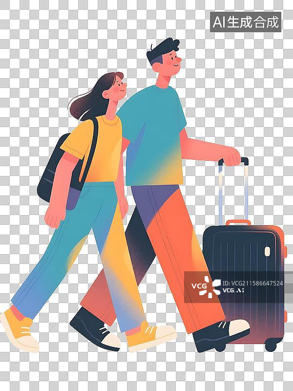 【AI数字艺术】五一国庆出行旅游两个人情侣乘坐高铁扁平插画免抠元素图片素材