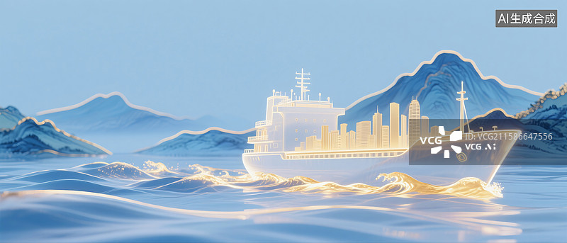 【AI数字艺术】金色轮船山川树木浪花高楼风景意境三维图图片素材