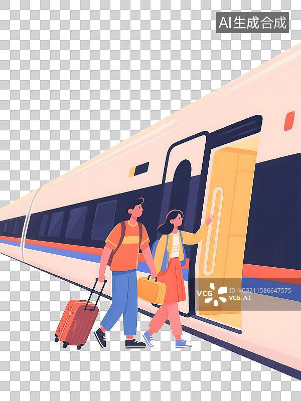 【AI数字艺术】五一国庆出行旅游两个人情侣乘坐高铁扁平插画免抠元素图片素材