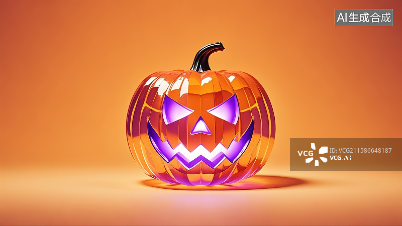 【AI数字艺术】3D渲染,万圣节主题,纯橙背景,水晶质感南瓜灯,内部紫光透射雕刻鬼脸,柔光晕染,无人,AI数字艺术,图片素材