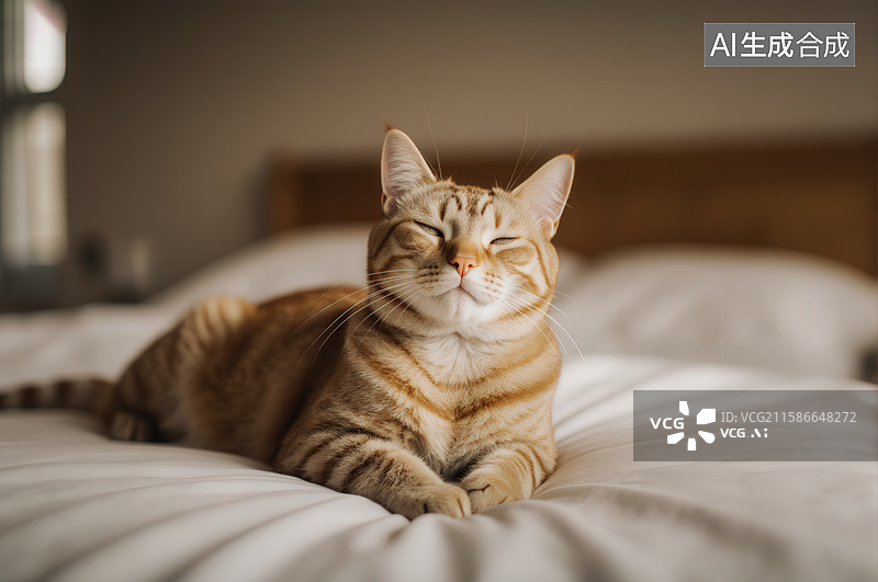 【AI数字艺术】橙色猫咪闭眼躺在柔软床上图片素材