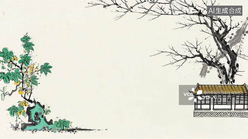 【AI数字艺术】水墨画两侧-水墨画背景壁纸3古典园林与枯树的水墨画图片素材