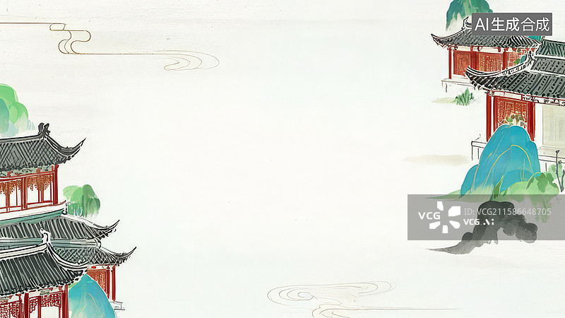 【AI数字艺术】水墨画两侧-水墨画背景壁纸3古典建筑与山水画风背景图片素材