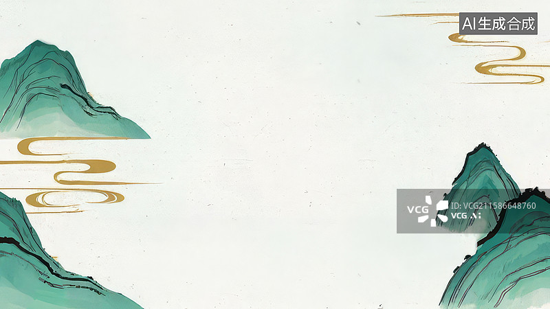 【AI数字艺术】水墨画两侧-水墨画背景壁纸3青绿山水与金色线条的艺术构图图片素材