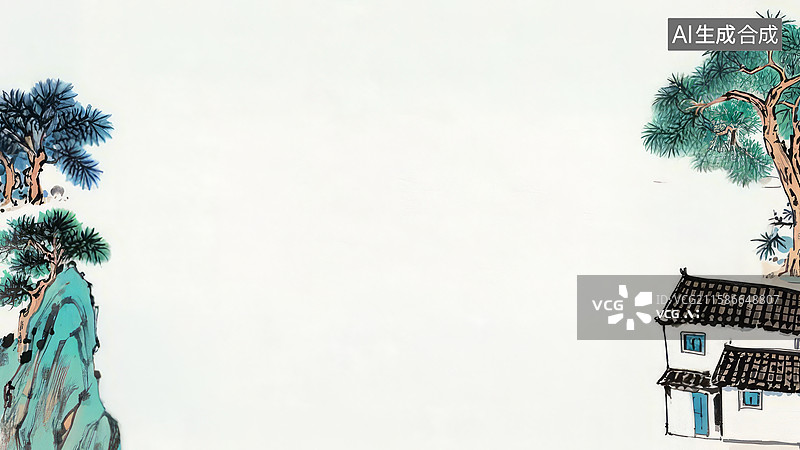 【AI数字艺术】水墨画两侧-水墨画背景壁纸3山水人家，宁静致远图片素材