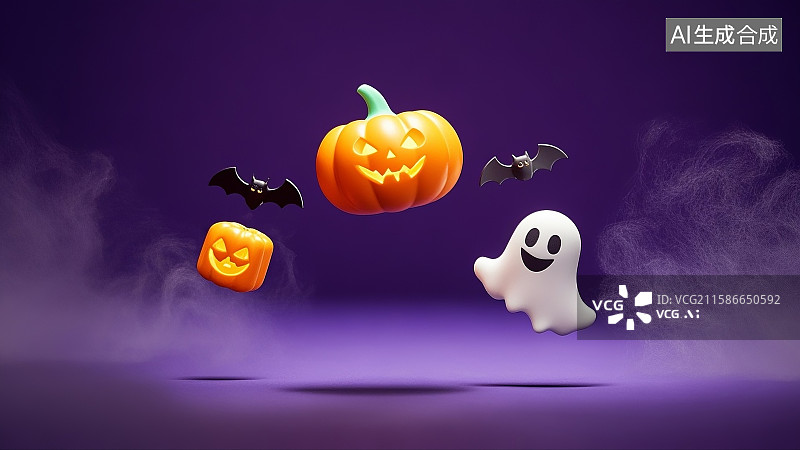【AI数字艺术】万圣节主题南瓜灯幽灵造型,简约构图,柔光雾效,无人,4K分辨率插画动物卡通图片素材