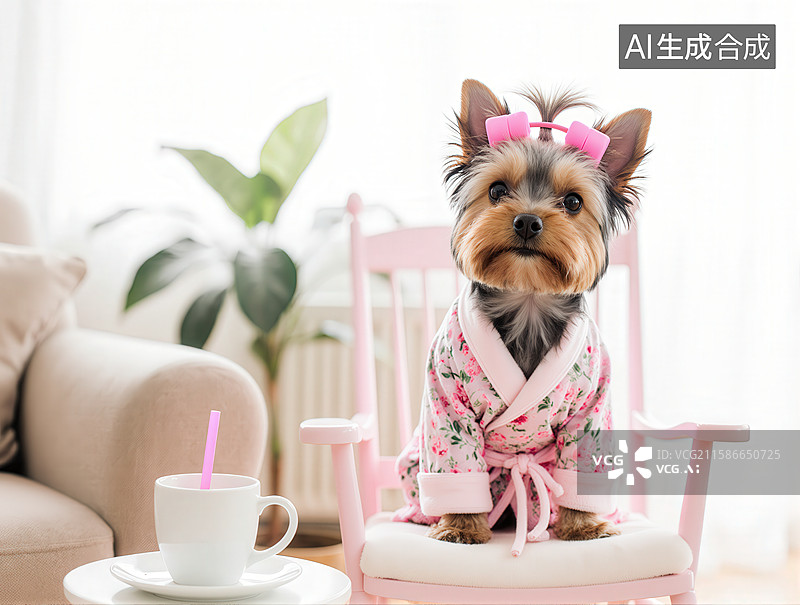 【AI数字艺术】穿着花色浴袍的约克夏犬坐在粉色椅子上图片素材