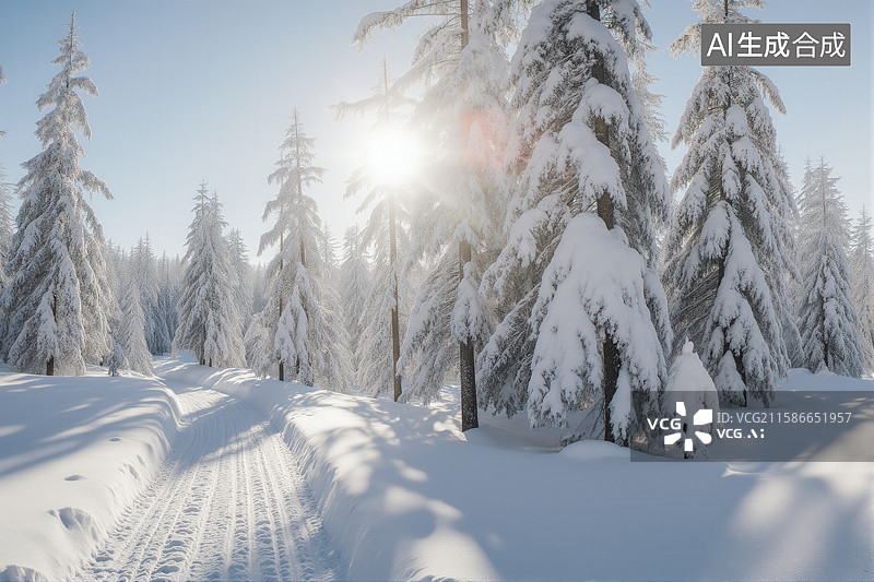 【AI数字艺术】雪覆松林，阳光穿透图片素材
